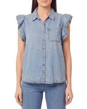 Kensie Denim Double Flutter Sleeve Button Front Top - Blue