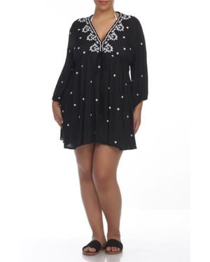 Boho Me Embroidered 3/4 Sleeve Coverup - Black