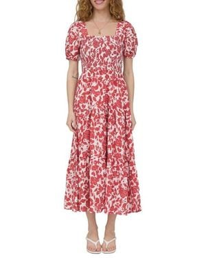 AUGUST SKY Puff Sleeve Smocked Midi Dress - Red