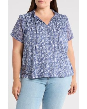 Lucky Brand Floral Flutter Sleeve Cotton Blend Top - Blue