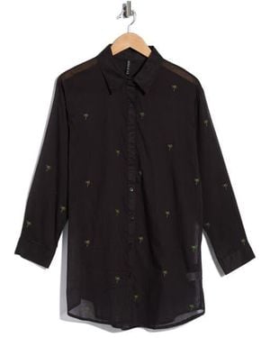 Boho Me Palm Tree Embroidered Cotton Shirt Cover-Up - Black