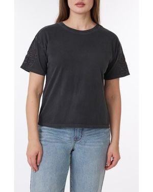 C&C California Toni Floral Embroidered Sleeve Boxy Cotton T-Shirt - Black