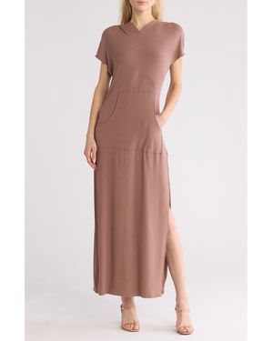 Go Couture Short Sleeve Hoodie Dress - Brown