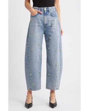 Rag & Bone Charlie Flower Crystal High Waist Ankle Barrel Jeans - Blue