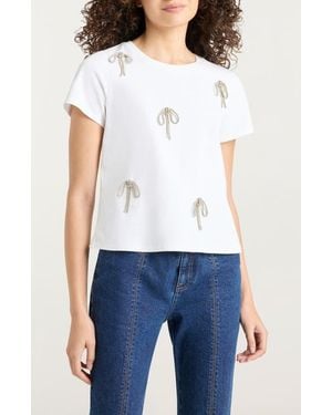 Cinq À Sept Rhinestone Bow Embellished Cotton Shrunken Tee - White