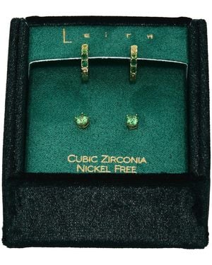 Leith Set Of 2 Cubic Zirconia Stud & Huggie Hoop Earrings - Green