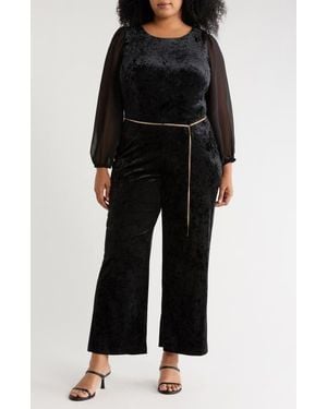 Connected Apparel Sheer Sleeve Velvet Jumpsuit - Black