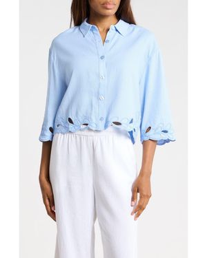 Ellen Tracy Embroidered Crop Button-Up Shirt - Blue
