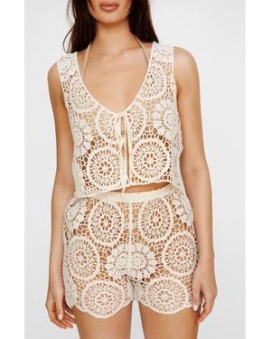 Nasty Gal Premium Hand Crochet Tie Front Crop Cover-Up Tank Top - Brown