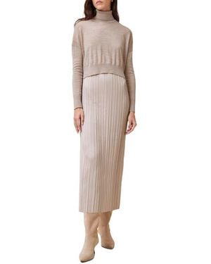 AllSaints Vittoria Merino Wool High-Low Sweater & Micropleat Midi Dress Set - Natural