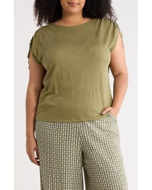 Max Studio Ruched Shoulder Crinkle Knit Top - Green