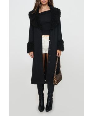 Princess Polly After Party Faux Suede Long Coat With Faux Shearling Trim - Black