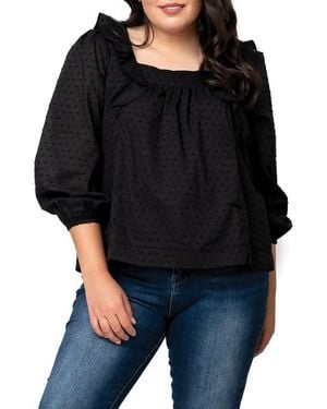 Gibsonlook Square Ruffle Neck Long Puff Sleeve Pin Dot Blouse - Black