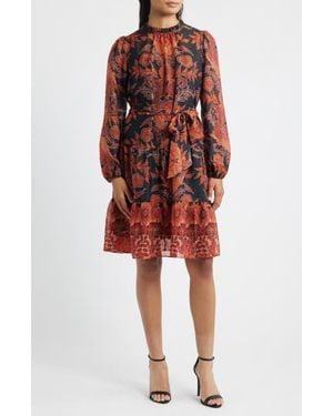 Julia Jordan Metallic Paisley Ruffle Long Sleeve Dress - Red