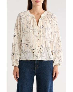 Tahari Embroidered Long Sleeve Cotton Top - Natural