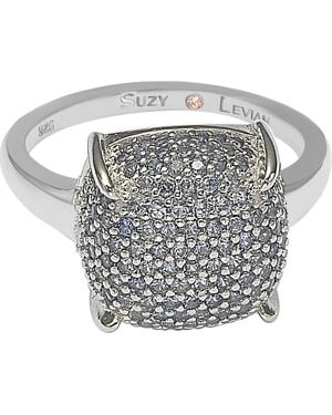 Suzy Levian Sterling Prong Set Cushion Shape Pave Cz Ring - Gray