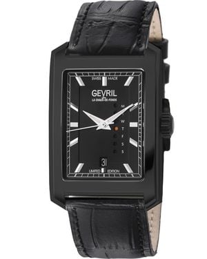 Gevril Manhattanhenge Automatic Rectangle Croc Embossed Leather Strap Watch, 39Mm - Black