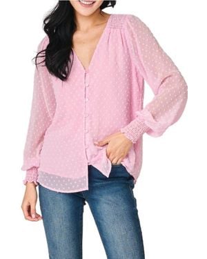 Gibsonlook Pin Dot Smocked Detail V-Neck Blouse - Pink