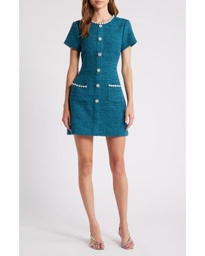Likely Alani Imitation Pearl & Rhinestone Detail Tweed Minidress - Blue