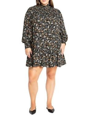 City Chic Cece Floral Long Sleeve Shift Dress - Black