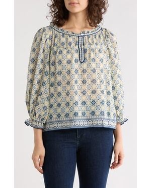 Max Studio Floral Three-Quarter Bubble Sleeve Top - Gray