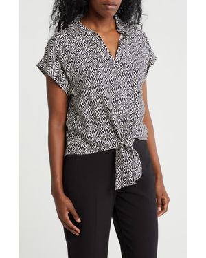 Pleione Tie Front High-Low Button-Up Shirt - Gray