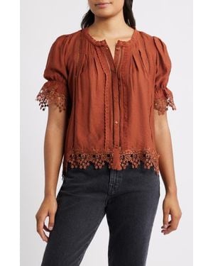 Bobeau Lace Accent Button-Up Top - Red