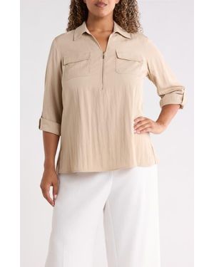 Anne Klein Half Zip Roll Tab Sleeve Top - Natural