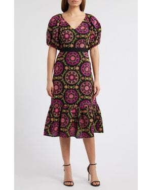 Sam Edelman Embroidered Puff Sleeve Midi Dress