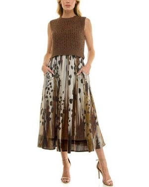Socialite Mixed Media Pleated Midi Dress - Natural