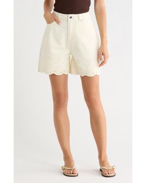 Vigoss Scalloped Eyelet Hem High Waist Denim Shorts - Natural