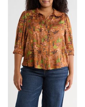 Democracy Print Button-Up Shirt - Brown