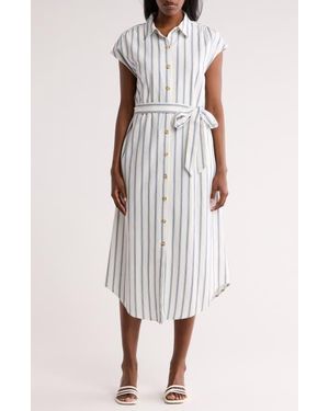 AUGUST SKY Stripe Cap Sleeve Shirtdress - White