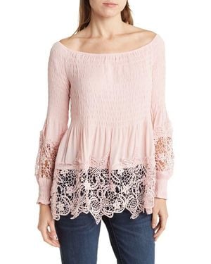 Forgotten Grace Crochet Trim Smocked Off-The-Shoulder Top - Red