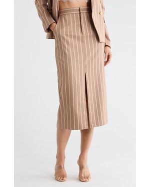 L'Agence Madonna Stripe Front Slit Midi Skirt - Natural