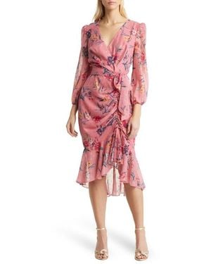 Eliza J Metallic Fleck Floral Long Sleeve Body-Con Dress - Red