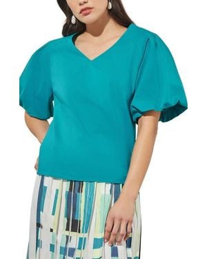 Ming Wang Puff Sleeve Cotton Blend Top - Blue
