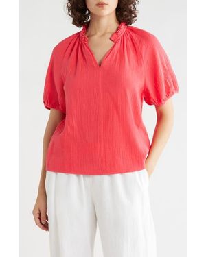 Caslon Split Neck Puff Sleeve Cotton Gauze Top - Red