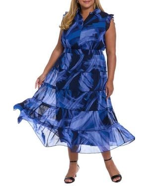 London Times Flutter Sleeve Tiered Maxi Dress - Blue