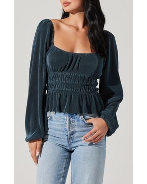 Astr Plissé Square Neck Long Sleeve Top - Blue