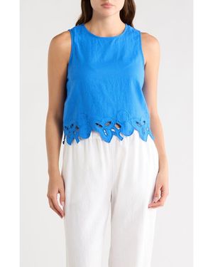 Tahari Embroidered Hem Crop Linen Blend Tank - Blue