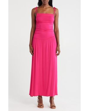 Loveappella Tie Strap Ruched Fit & Flare Midi Dress - Pink