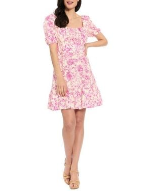 London Times Puff Sleeve Empire Waist Dress - Pink