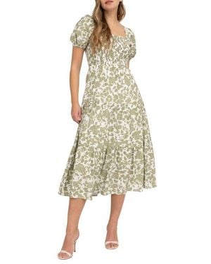AUGUST SKY Puff Sleeve Smocked Midi Dress - Natural