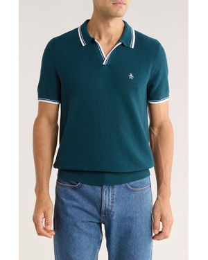 Original Penguin Textured Johnny Collar Cotton Polo - Blue