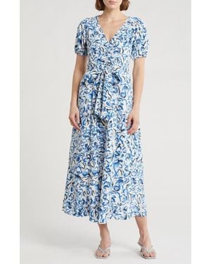 MELLODAY V-Neck Puff Sleeve Dress - Blue