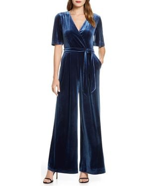 Eliza J Wide Leg Faux Wrap Velvet Jumpsuit - Blue