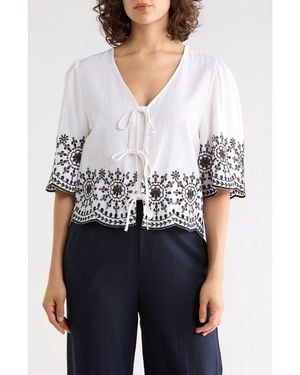 Ellen Tracy Eyelet Embroidered Tie Top - Blue