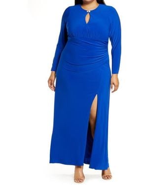 Vince Camuto Rhinestone Detail Keyhole Neck Long Sleeve Gown - Blue