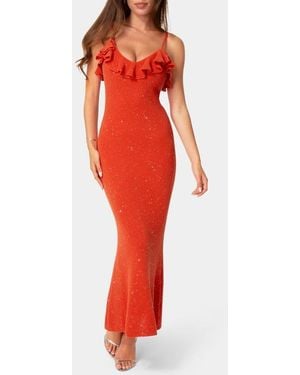 Bebe Sequin Knit Ruffle Trim Maxi Dress - Red